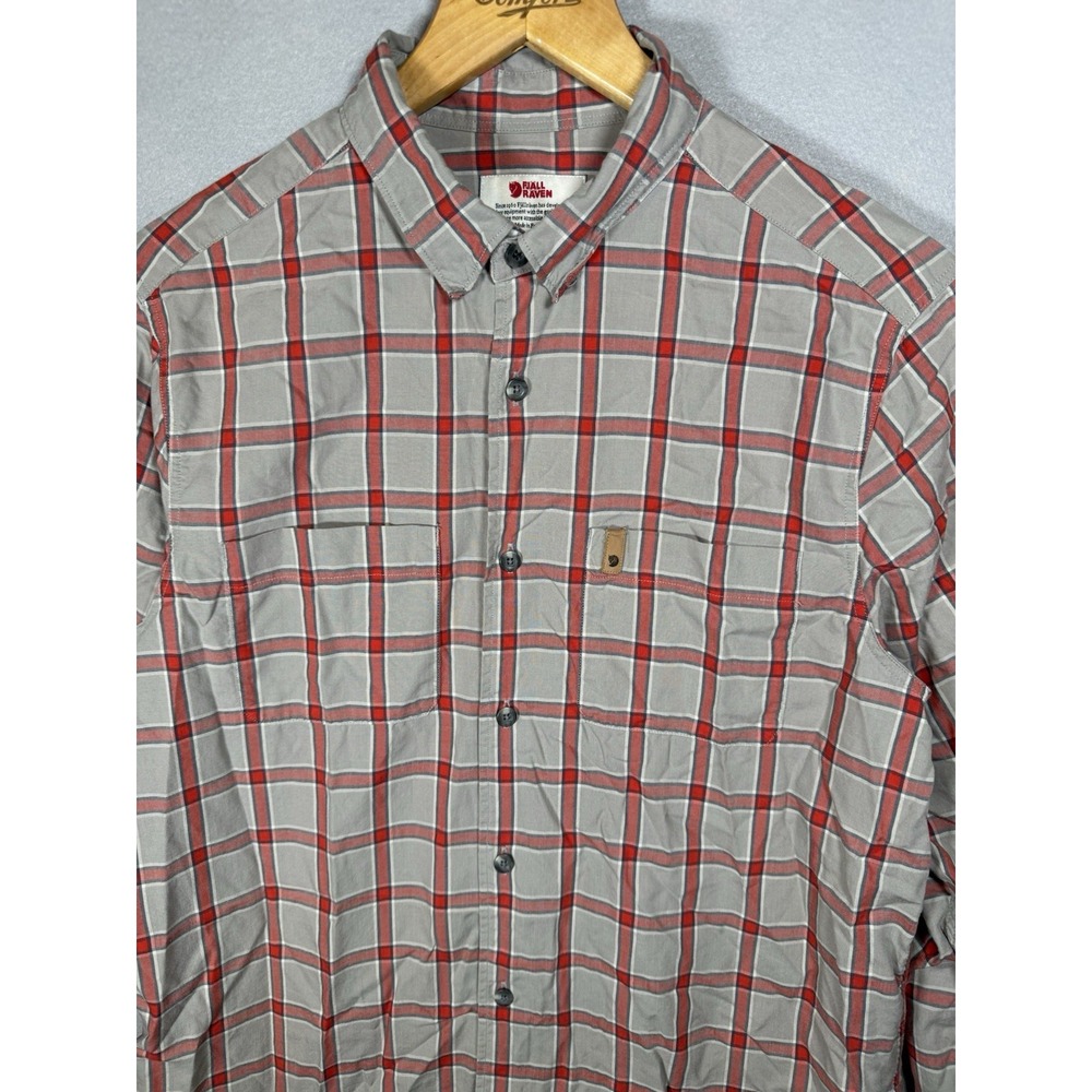 Fjall Raven Mens Medium Check Button Long Sleeve Grey Red High Coast Cotton